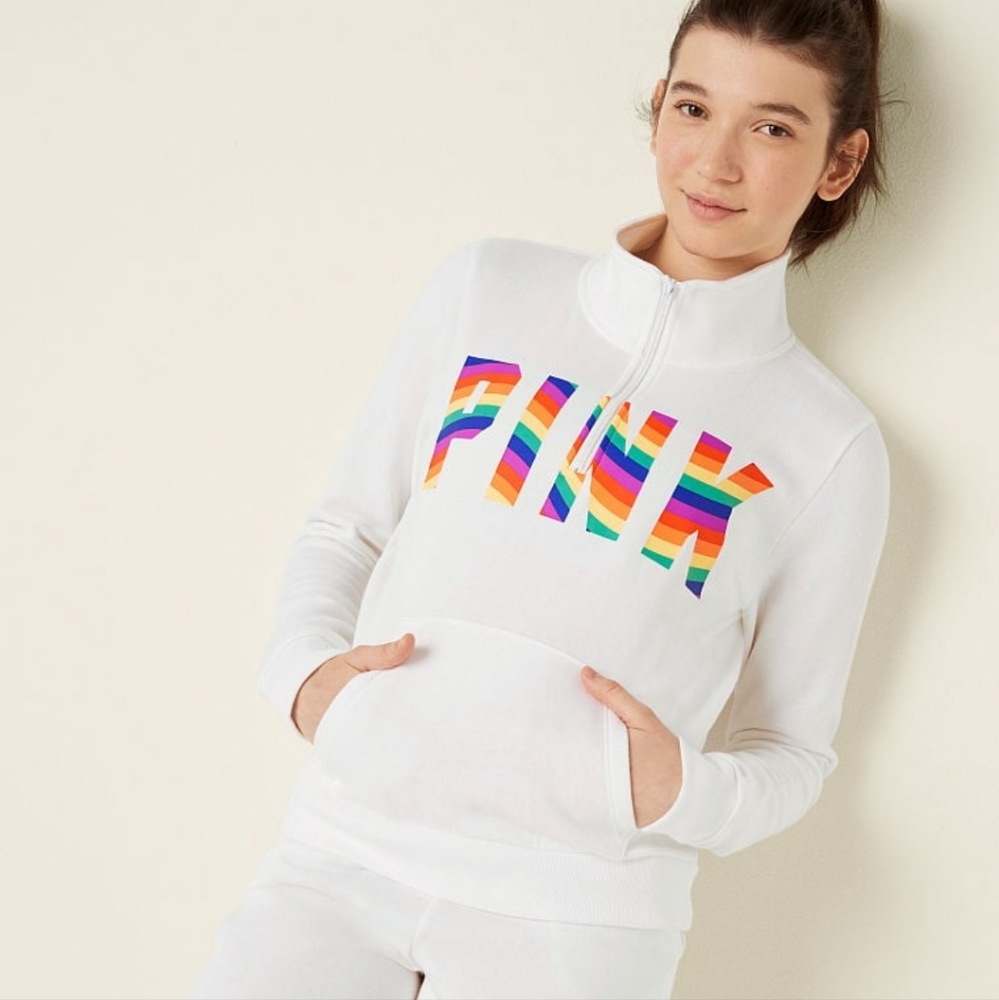 Victoria's Secret PINK VS PINK White & Rainbow Quarter Zip Sweater L NWT